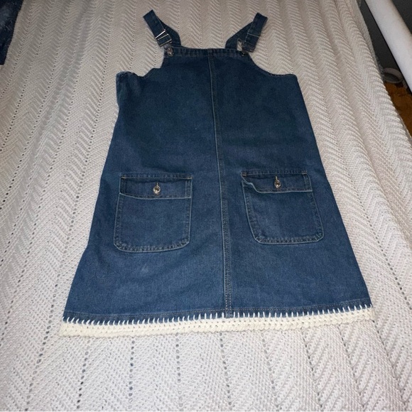 Adorable Hand Embellished Denim Overall Dress with Cream Crochet Detail - M/L - Picture 5 of 9